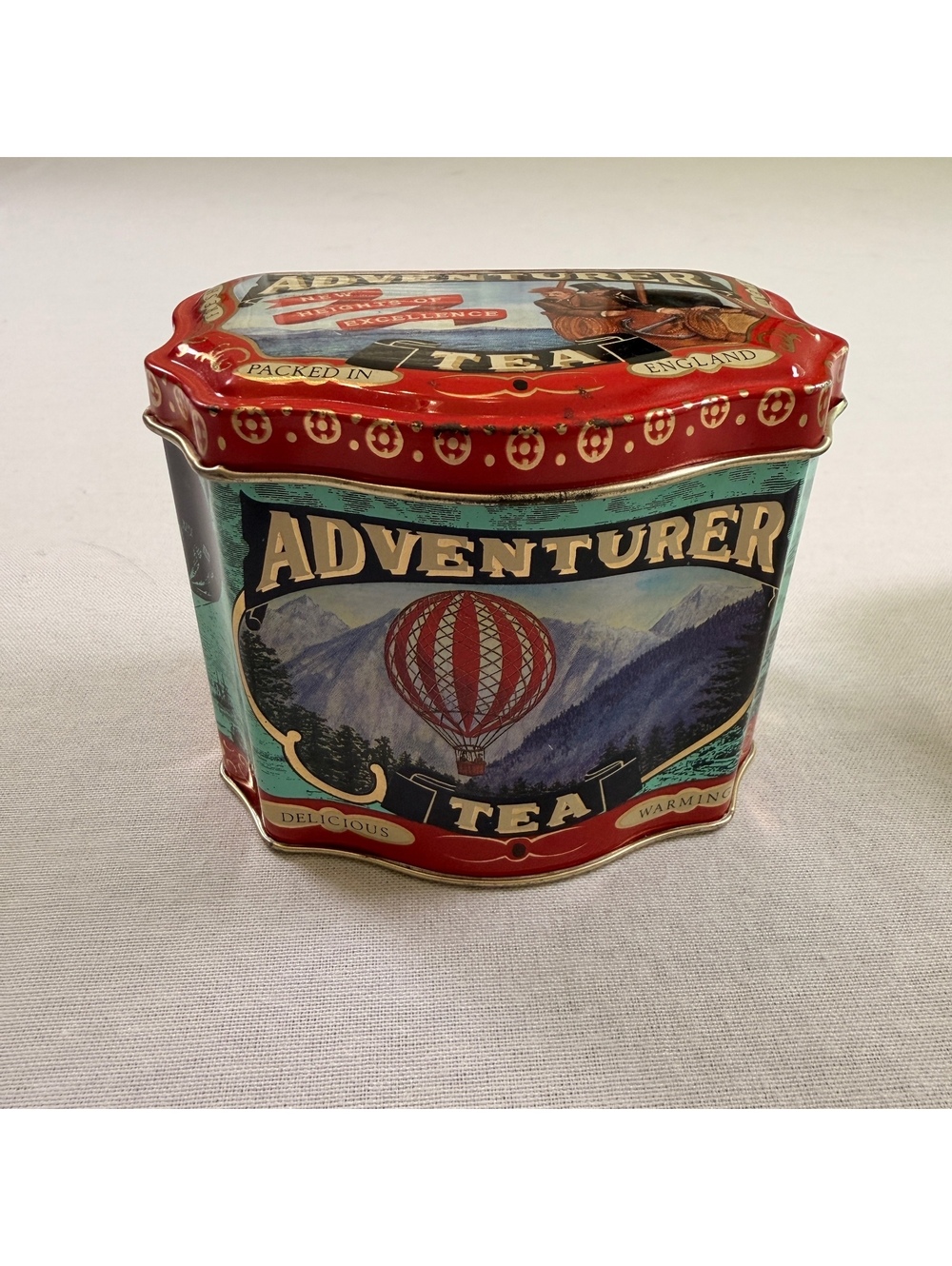 VTG Silver Crane Adventurer Tea Tin Box Red Hot Air Balloon